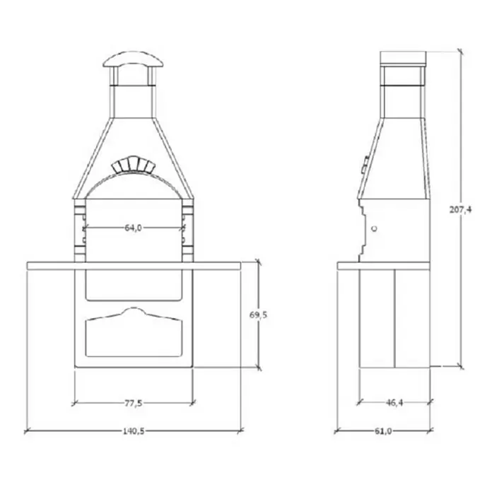 Kamin za roštiljanje Gast - Dimenzija ložišta: 65 x 41 cm - Skica
