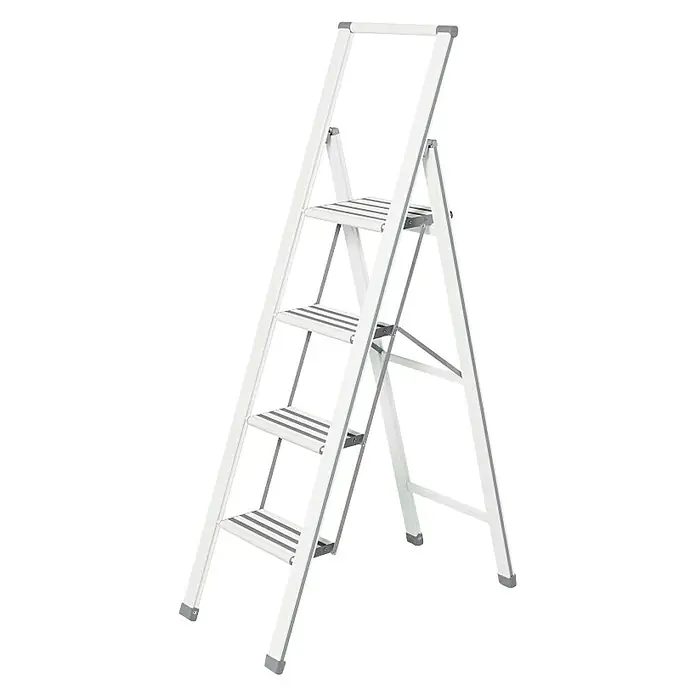 Wenko Preklopne ljestve Design - 4 stepenice, Aluminij, Bijele boje - Dijagonalni pogled