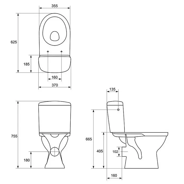 Cersanit WC monoblok Roma Baltik - 625 x 355 x 755 mm, Keramika, Bijele boje - Skica