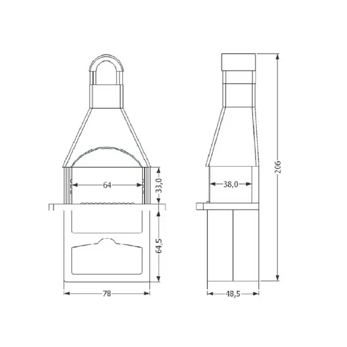 Kamin za roštiljanje  Liapor Lecca 004 - Dimenzija ložišta: 64 x 40 cm, D x Š x V: 147 x 67 x 206 cm - Skica