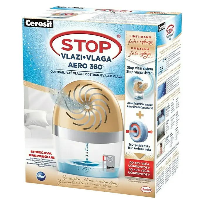 Ceresit Odvlaživač zraka STOP AERO 360 ° + tableta 450 g - Zlatne boje, 50 m² - Dijagonalni pogled