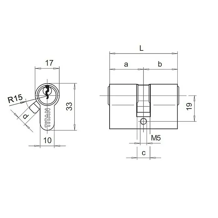 Titan Cilindar K5 ECO - Dužina unutarnja: 40 mm, Vanjska dužina: 60 mm, Broj ključeva: 3 Kom. - Skica