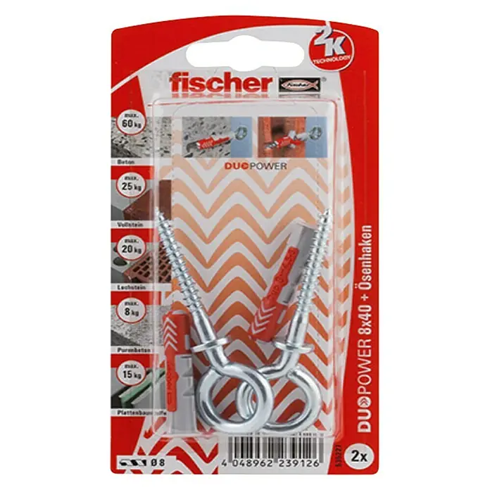 Fischer Set kuka DUOPOWER 8 x 40 OH K - 8 mm, 40 mm, Beton, 2 kom, S vijcima/kukama - Pogled s gornje strane
