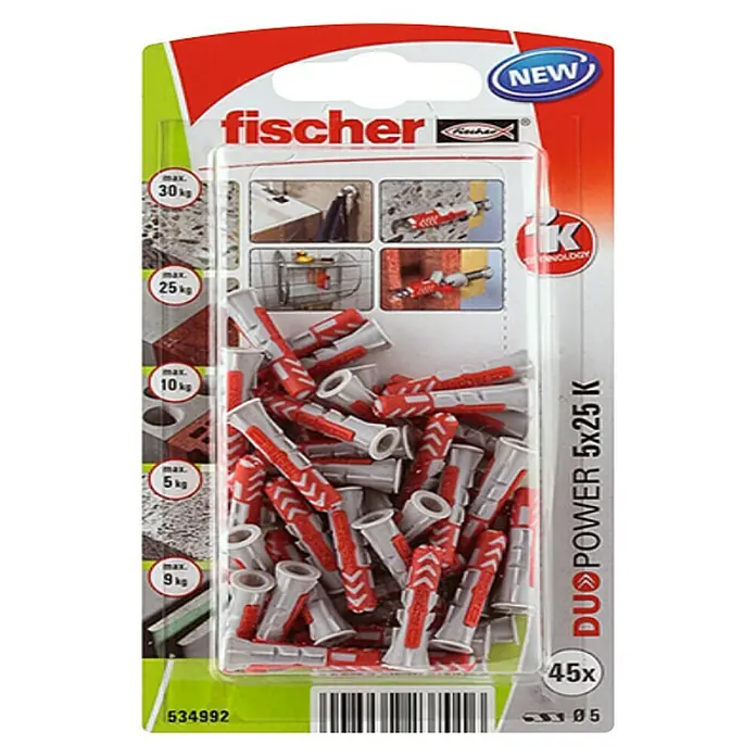 Fischer Duopower Set vijaka s tiplama - Promjer tiple: 5 mm, Duljina tiple: 25 mm, 45 kom, Najlon - Pogled s gornje strane