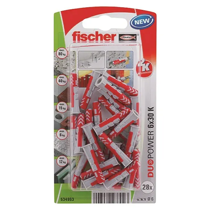 Fischer Duopower Asortiman tipli - Promjer tiple: 6 mm, Duljina tiple: 30 mm, 28 kom, Najlon - Pogled s gornje strane