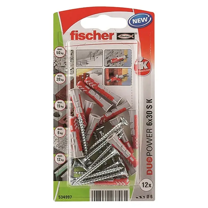 Fischer Duopower Set vijaka s tiplama - Promjer tiple: 6 mm, Duljina tiple: 30 mm, 12 kom - Pogled s gornje strane