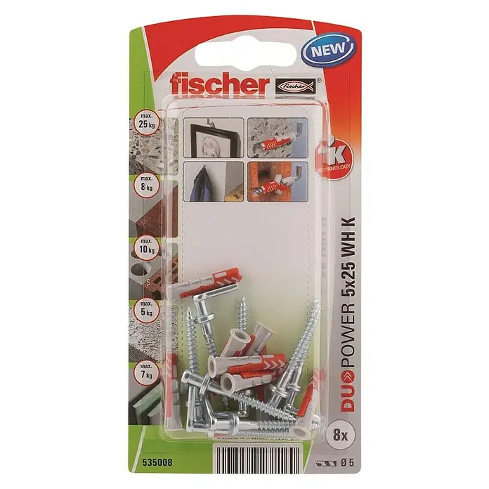 Fischer Duopower Komplet tipli - Promjer tiple: 5 mm, Duljina tiple: 25 mm, Kutna kuka, 8 kom - Pogled s gornje strane