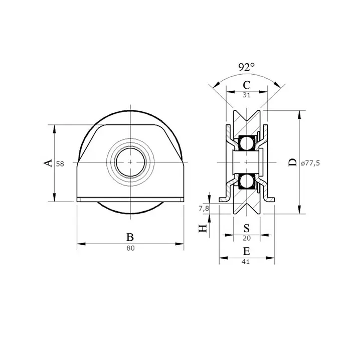 Kotač za klizna vrata V profil - Promjer: 77,5 mm - Skica