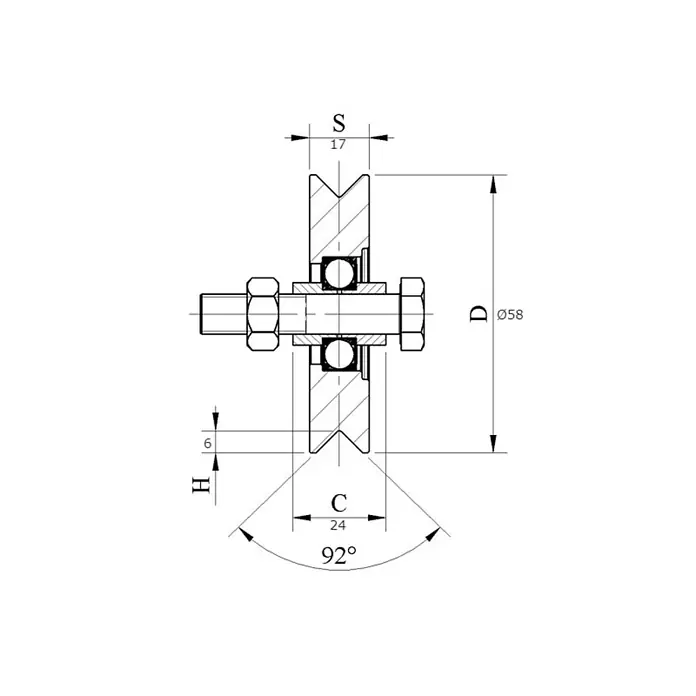 Kotač za klizna vrata V profil - Promjer: 58 mm - Skica