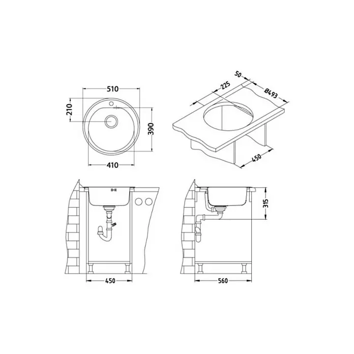 Alveus Ugradbeni sudoper Form 30 - Promjer: 51 cm - Skica