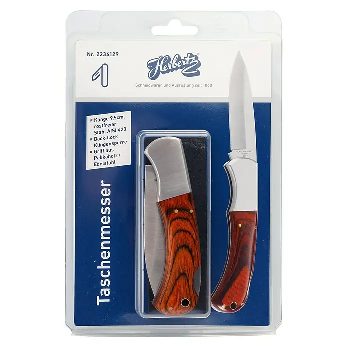 Herbertz Taschenmesser mit Edelstahlbacken - Klingenlänge: 95 mm, Holzoptik - Vorderansicht