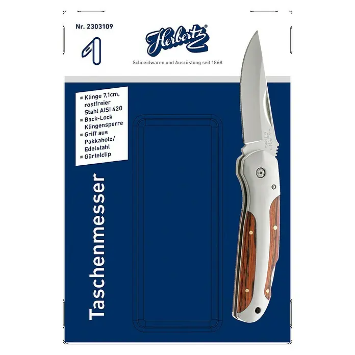 Herbertz Taschenmesser mit Edelstahlclip - Klingenlänge: 71 mm, Holzoptik - Vorderansicht