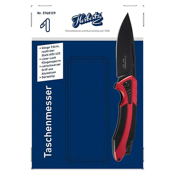Herbertz Taschenmesser Alu - Klingenlänge: 90 mm, Rot/Schwarz - Vorderansicht