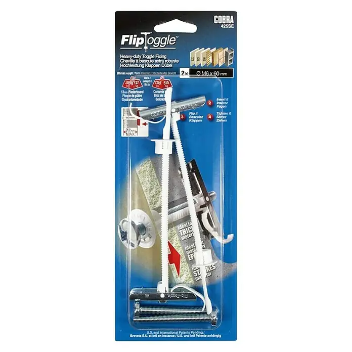 Cobra Tuimelpluggen FlipToggle - M6 x 60 mm, 2 stk., Diameter boorgat: 12 mm - Top-down weergave