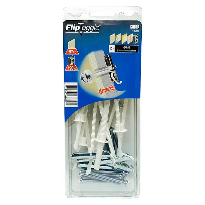 Cobra Tuimelpluggen FlipToggle - M5 x 60 mm, 10 stk., Diameter boorgat: 12 mm - Top-down weergave