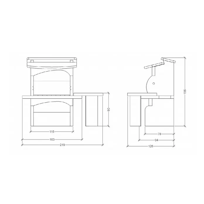 Kamin za roštiljanje Mino - Dimenzija ložišta: 102 x 62 cm - Skica
