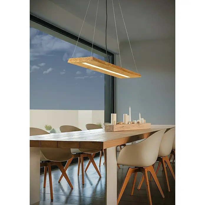 Trio Lighting Brad Lámpara colgante LED Brad - 27 W, L x An x Al: 20 x 10 x 150 cm, Madera, Blanco cálido - Foto ambiente