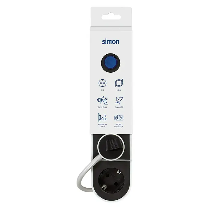 Simon Base de enchufe múltiple - x 4, Negro/blanco, Longitud del cable: 1,4 m - Vista frontal