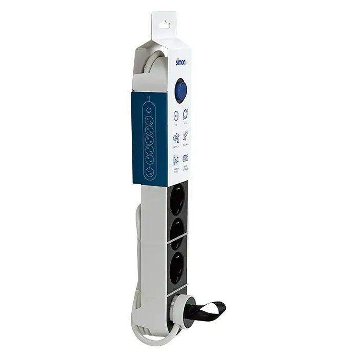 Simon Base de enchufe múltiple - x 6, Negro/blanco, Longitud del cable: 1,4 m - Vista angular