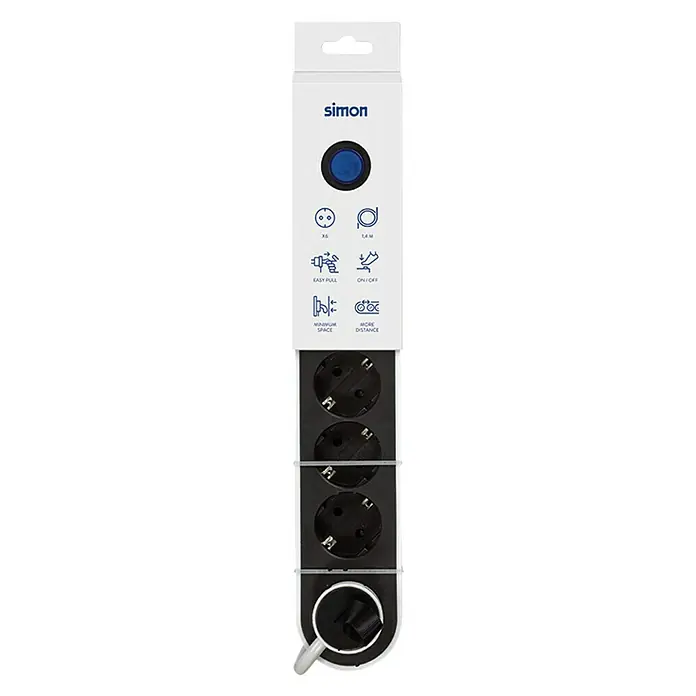 Simon Base de enchufe múltiple - x 6, Negro/blanco, Longitud del cable: 1,4 m - Vista frontal