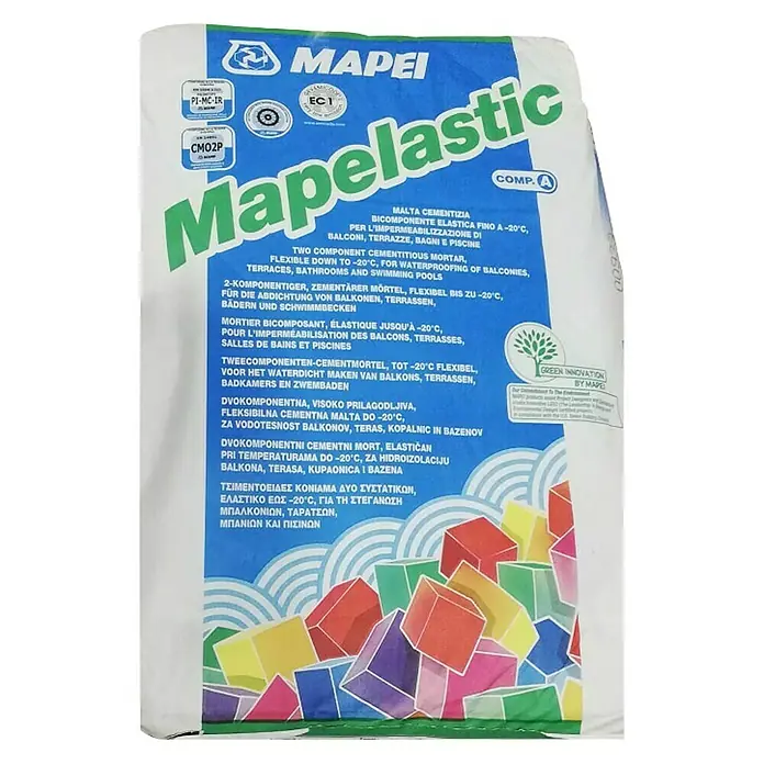 Mapei Dvokomponentni premaz Mapelastic - Namijenjeno za: hidroizolaciju balkona, terasa, kupaonica i bazena, zaštitu betonskih površina i pregradnih zidova - Pogled sprijeda