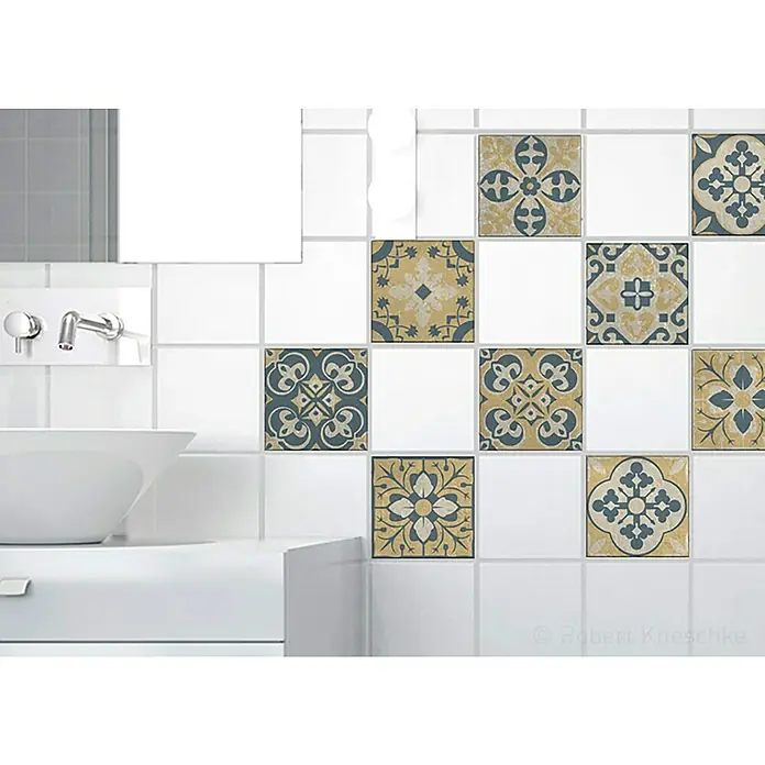 Vinilo para azulejos Granada - 10 x 10 cm, 9 piezas, Gris/Azul - Foto ambiente