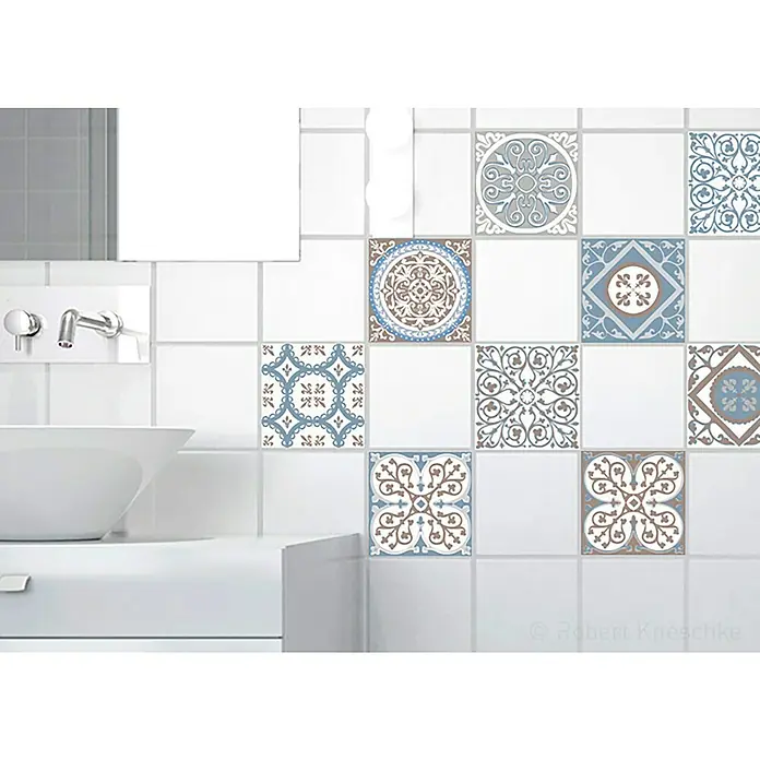 Vinilo para azulejos Grises - 10 x 10 cm, 9 piezas, Gris/Azul - Foto ambiente