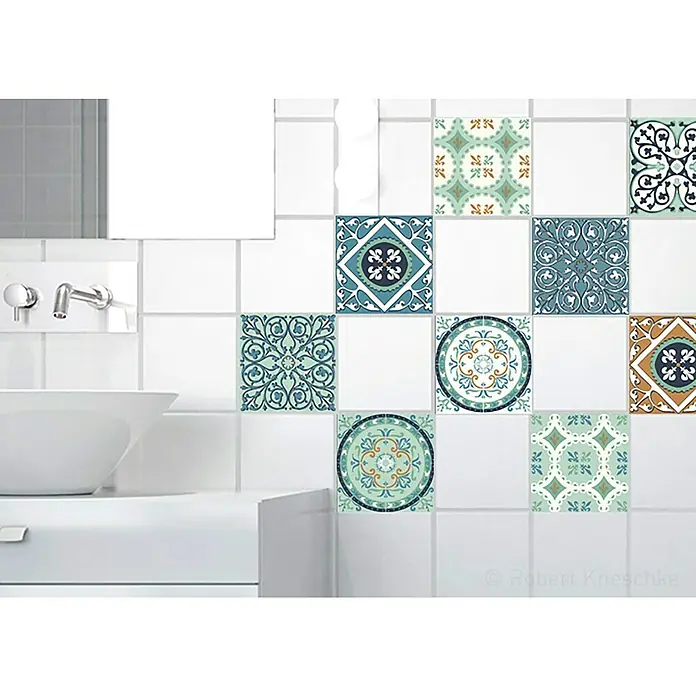Vinilo para azulejos - 10 x 10 cm, 6 piezas, Verde/Naranja - Foto ambiente