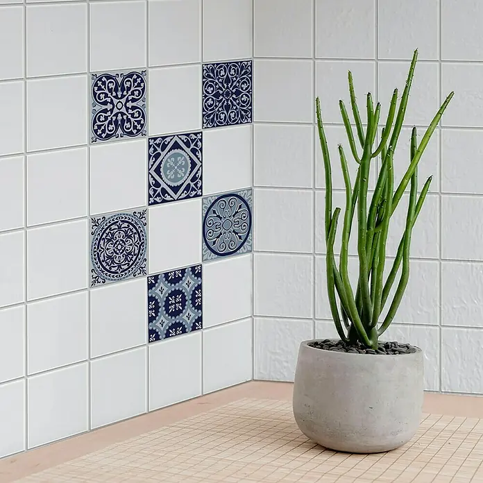 Vinilo para azulejos - 15 x 15 cm, 6 piezas, Gris/Azul - Foto ambiente