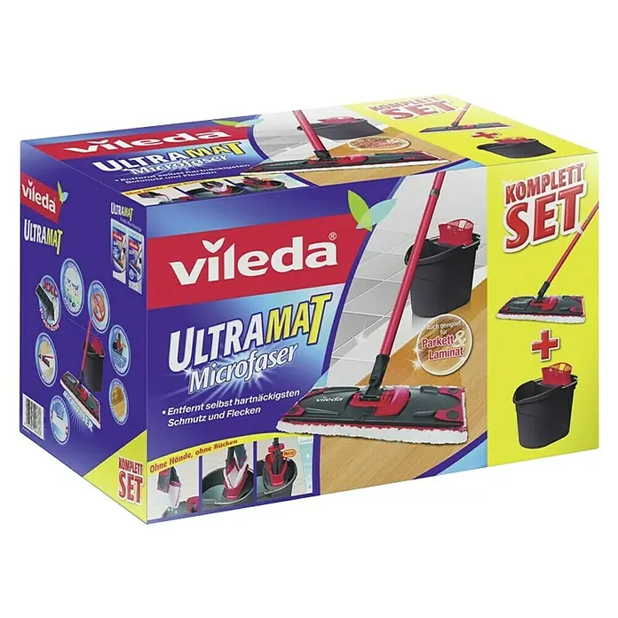 Vileda Sustav za čišćenje i kanta - 1 x Štap, 1 x Krpa, 1 x Kanta - Dijagonalni pogled