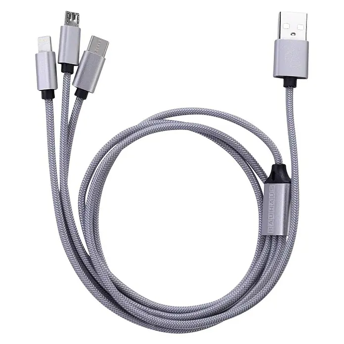 BAUHAUS USB kabel za punjenje - Srebrne boje, 1 m, Utikač USB A, utikač USB C, utikač USB Micro, utikač Lightning - Pogled odozgo