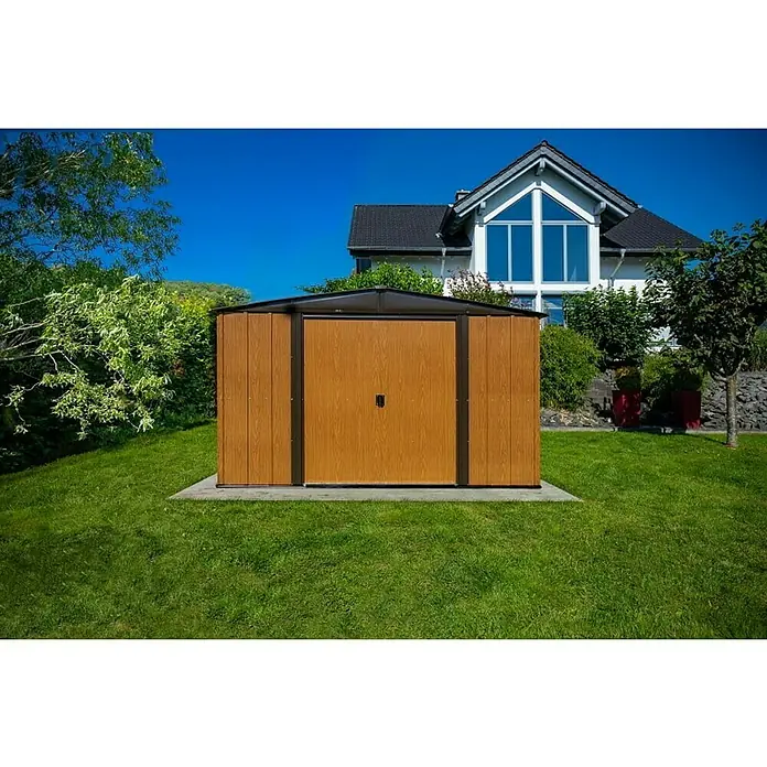 Spacemaker Gerätehaus Woodlake 10x12 - Außenbreite inkl. Dachüberstand: 313 cm, Außentiefe inkl. Dachüberstand: 370 cm, Stahl, Braun, Holzoptik - Stimmungsaufnahme