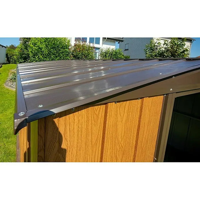 Spacemaker Gerätehaus Woodlake 10x12 - Außenbreite inkl. Dachüberstand: 313 cm, Außentiefe inkl. Dachüberstand: 370 cm, Stahl, Braun, Holzoptik - Detailaufnahme