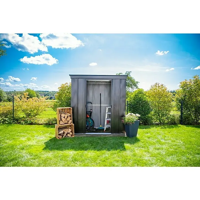 Spacemaker Gerätehaus Onyx 6x4 - Außenbreite inkl. Dachüberstand: 195 cm, Außentiefe inkl. Dachüberstand: 120 cm, Stahl, Onyxschwarz - Stimmungsaufnahme