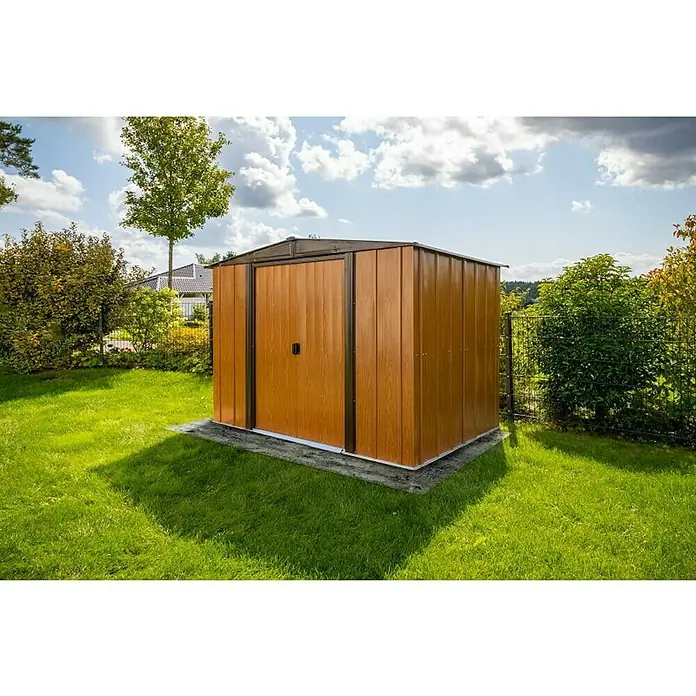 Spacemaker Gerätehaus Woodlake 8x6 - Außenbreite inkl. Dachüberstand: 253 cm, Außentiefe inkl. Dachüberstand: 181 cm, Stahl, Braun, Holzoptik - Stimmungsaufnahme