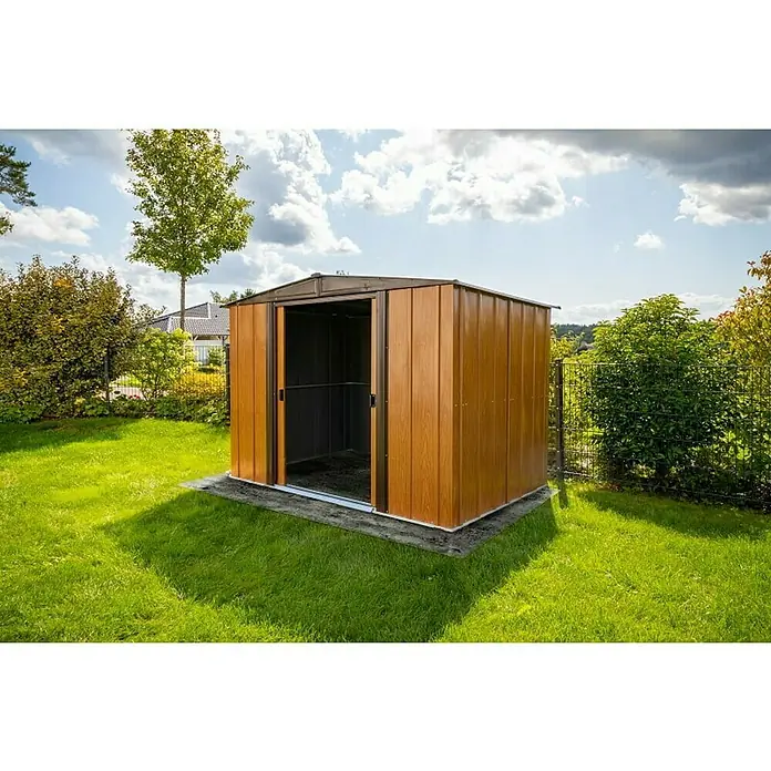 Spacemaker Gerätehaus Woodlake 8x6 - Außenbreite inkl. Dachüberstand: 253 cm, Außentiefe inkl. Dachüberstand: 181 cm, Stahl, Braun, Holzoptik - Stimmungsaufnahme