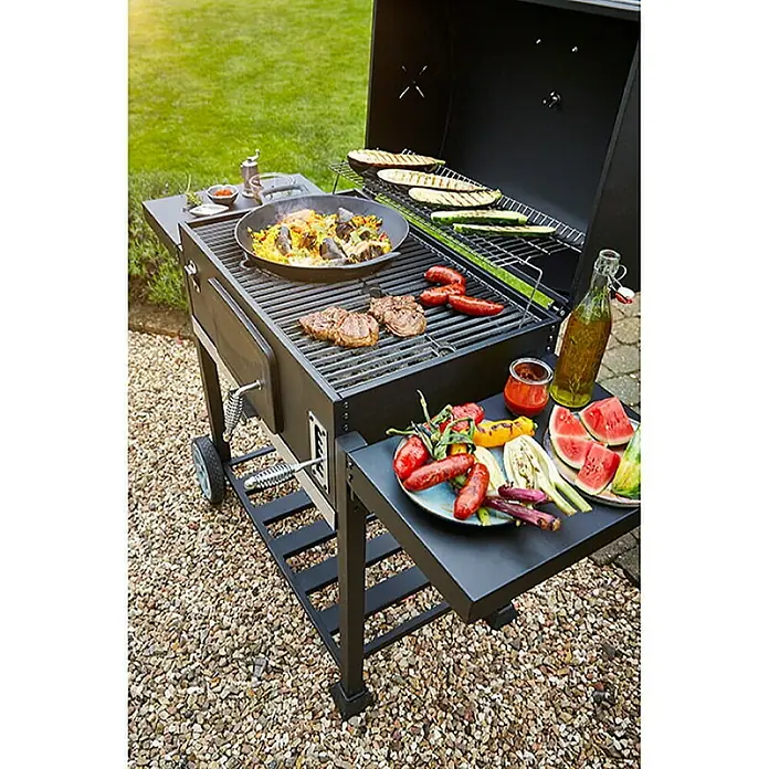 Kingstone KMS Roštilj na drveni ugljen Smoker - S kolicima s kotačićima, Dimenzija rešetke za pečenje: 70 x 43,5 cm - Živopisni prikaz