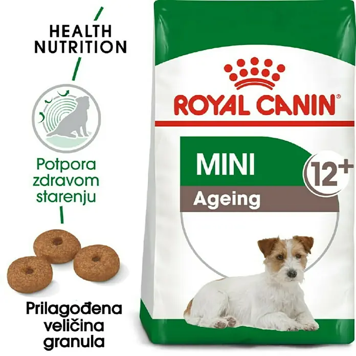 Royal Canin Suha hrana za pse SHN Mini Ageing 12+ - Analitički sastavni dijelovi: Sirove bjelančevine 26%, sirova ulja i masti 14%, sirova vlaknina 2.1%
