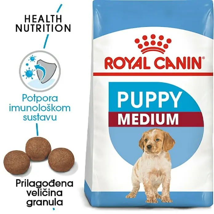 Royal Canin Suha hrana za pse SHN Medium Puppy 4 kg - Analitički sastavni dijelovi: Sirove bjelančevine 32%, sirova ulja i masti 20%, sirova vlaknina 1.7%, NFE 30.3%