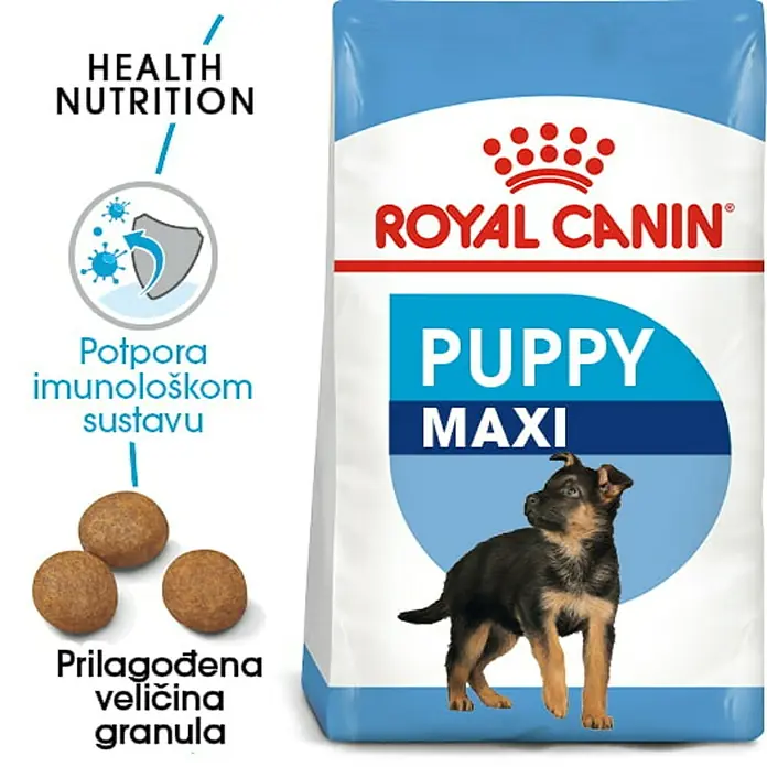 Royal Canin Suha hrana za pse SHN Maxi Puppy - Analitički sastavni dijelovi: Sirove bjelančevine 30%, sirova ulja i masti 16%, sirova vlaknina 2.6%, NFE 34.2%