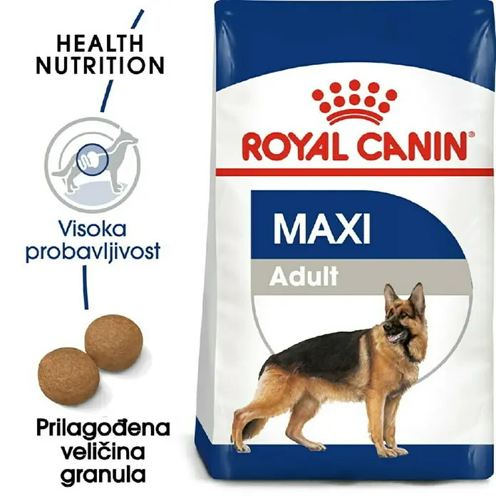 Royal Canin Suha hrana za pse SHN Maxi Adult 15 kg - Analitički sastavni dijelovi: Sirove bjelančevine 26%, sirova ulja i masti 17%, sirova vlaknina 1.3%