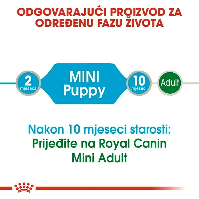 Royal Canin Poster SHN Mini Puppy - Analitički sastavni dijelovi: Sirove bjelančevine 8%, sirova ulja i masti 6%, sirova vlaknina 1%