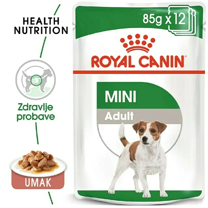 Royal Canin Mokra hrana za pse SHN Mini Adult - Analitički sastavni dijelovi: Sirove bjelančevine 7.5%, sirova ulja i masti 5.5%, sirova vlaknina 1.1%