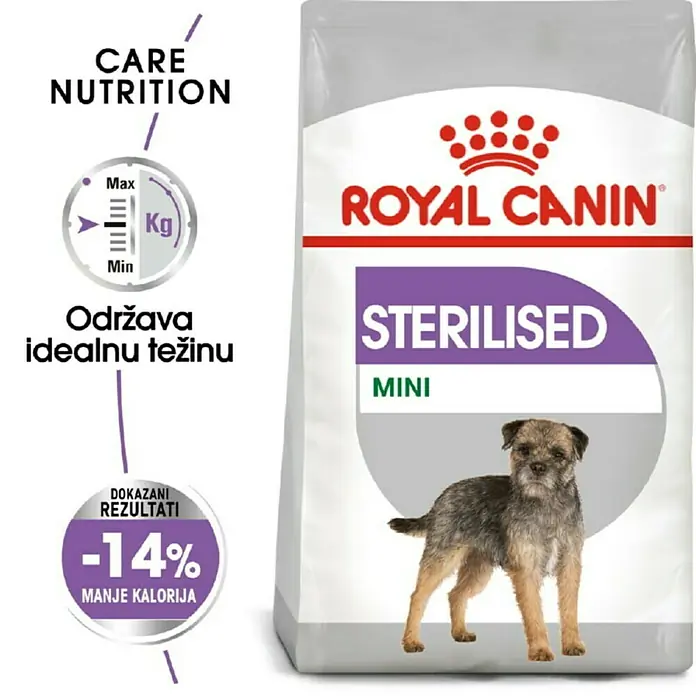 Royal Canin Suha hrana za pse CCN Mini Sterilised 1 kg - Analitički sastavni dijelovi: Sirove bjelančevine 30%, sirova ulja i masti 13%, sirova vlaknina 6.6%