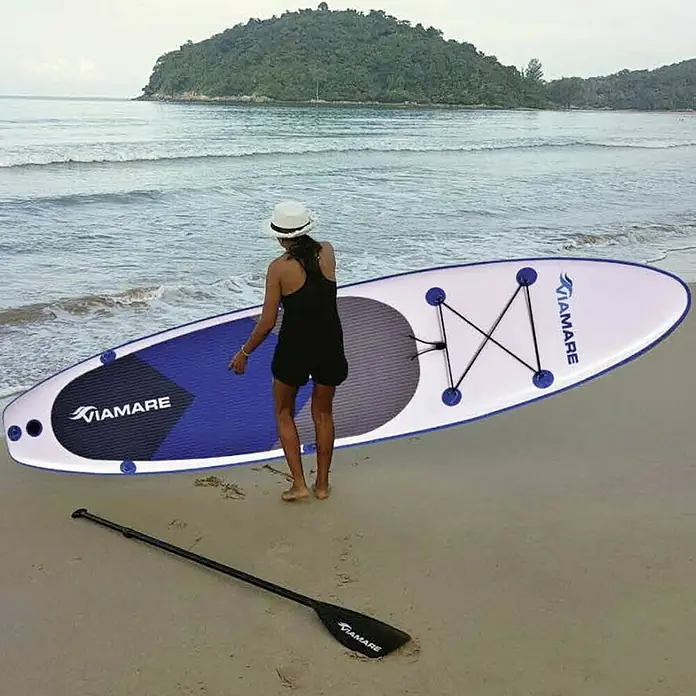 Viamare Juego de paddle surf 300 - L x An x Al: 300 x 75 x 10 cm, Carga útil: 100 kg, Hinchable, Azul/Blanco - Producto en uso
