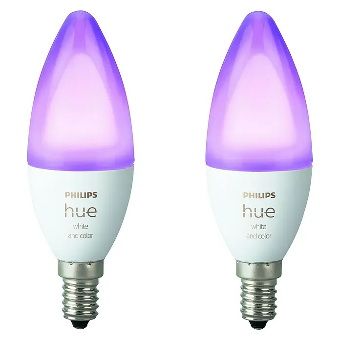 Philips Hue LED-Leuchtmittel - E14, 5,3 W, RGBW, Einstellbare Farbtemperatur, 2 Stk. - Vorderansicht
