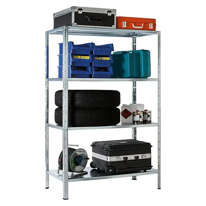 Steckregal - L x B x H: 100 x 50 x 200 cm, Traglast: 70 kg/Boden, Verzinkt, Silber - Diagonale Ansicht