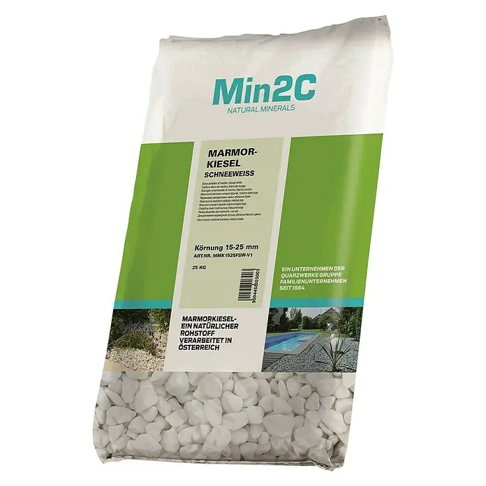Min2C Ukrasni kamenčići - Sniježno bijele boje, Granulacija: 15 mm - 25 mm, 25 kg - Dijagonalni pogled