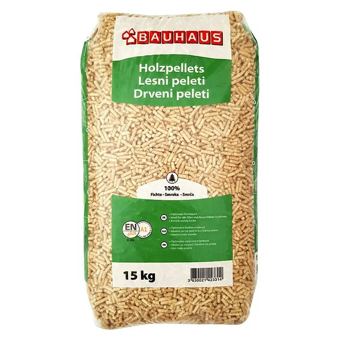 BAUHAUS Drveni peleti - 15 kg, Drvo smreke - Pogled sprijeda