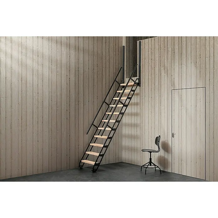 Fontanot Raumspartreppe Back mit Rädern 1.0 - 80 cm, Schwarz, Anzahl Steigungen: 10 Stk., Farbe Stufen: Buche Natur, Geschosshöhe: 214 cm - 235 cm - Stimmungsaufnahme